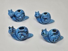 Set of 4 Vintage Blue Snails Handmade Glazed Ceramic Macrame Beads Large Hole