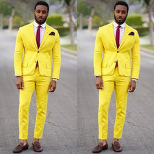 2 Pcs Man Suits Formal Party Wear Wedding Groom Slim Fit Fashion Yellow Blazers