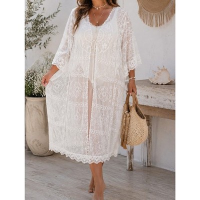 White Lace Duster Kimono Cover Up XL Beach Coastal Cottagecore Boho Sheer MuuMuu