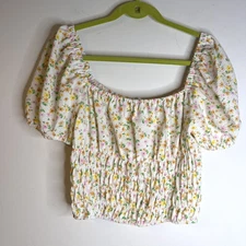 Elodie Floral Smocked Off The Shoulder Cropped Puff Sleeve Tops size large