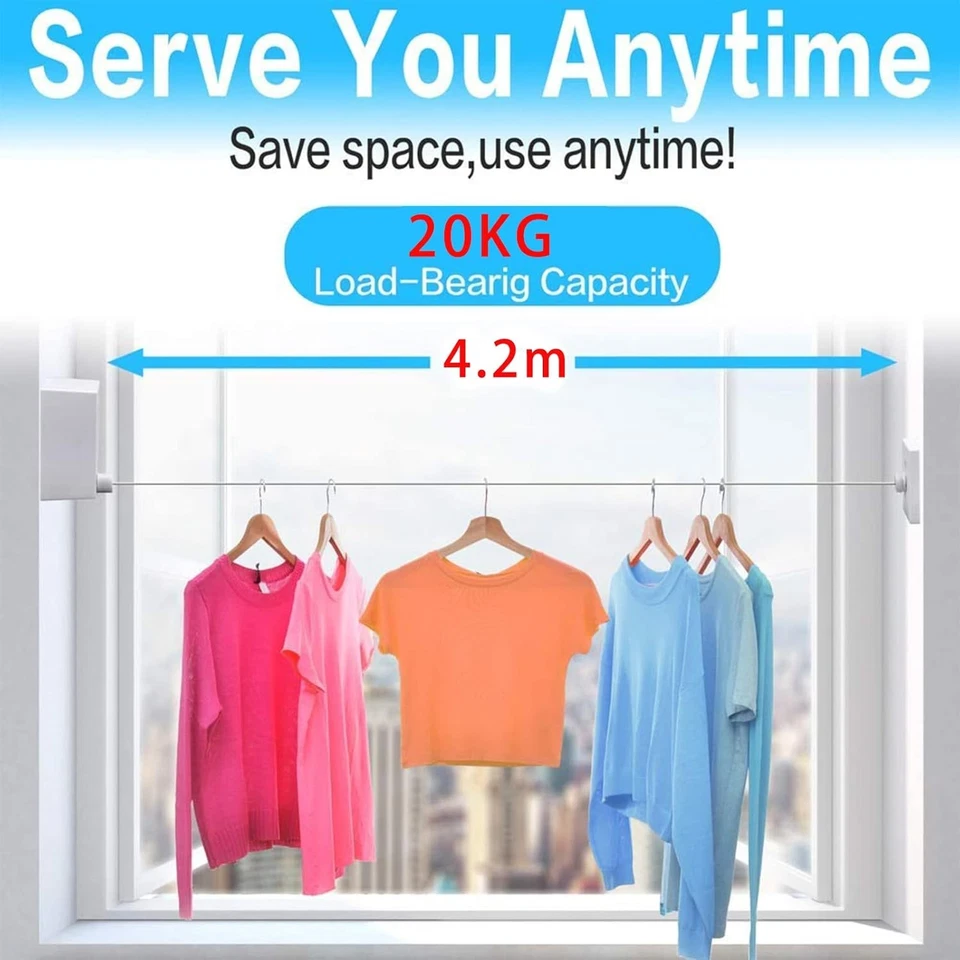 Clothes Line Retracting Indoor-Clothes Drying Line 13.8 Ft Steel Wire - Image 2 of 4