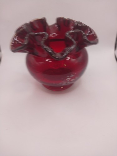 Vintage Fenton Glass Ruffled Hand-Painted Rose Bowl Vase Ruby Red Signed - Picture 3 of 6