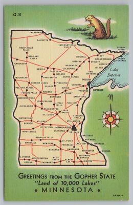 Minnesota State Highway Map~Crookston~Pine City~Lutzen~Gopher~Compass~1938 Linen
