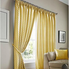 Ochre Yellow Jacquard Pair Taped Curtains Design All Sizes Fully Lined