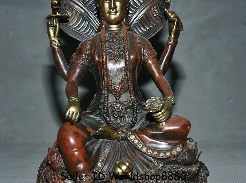 12" Old Tibet Buddhism Red Copper Gilt 5-Heads Snake Naga Kanya Buddha Statue - Image 4 of 4