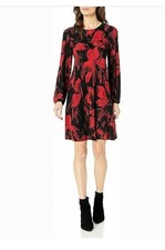 NINE WEST - RED ROSES FLORAL PRINT BLACK LONG SLEEVE HOLIDAY DRESS - NWT - SZ 8