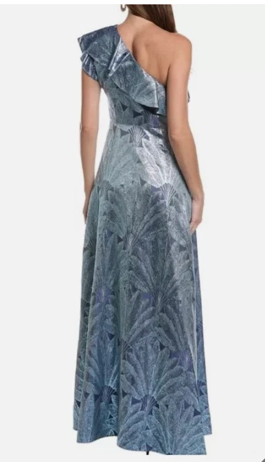 Vestido maxi Aidan Mattox novo com etiquetas ardósia azul floral babado um ombro tamanho 8 - Imagem 3 de 4