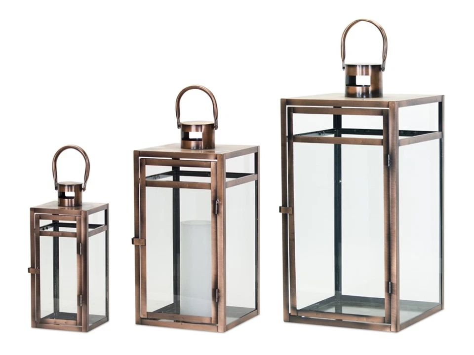 Juego de 3 linternas de metal rústicas de cobre color bronce vidrio transparente 11"H 16"H 20"H Foto 3 de 4