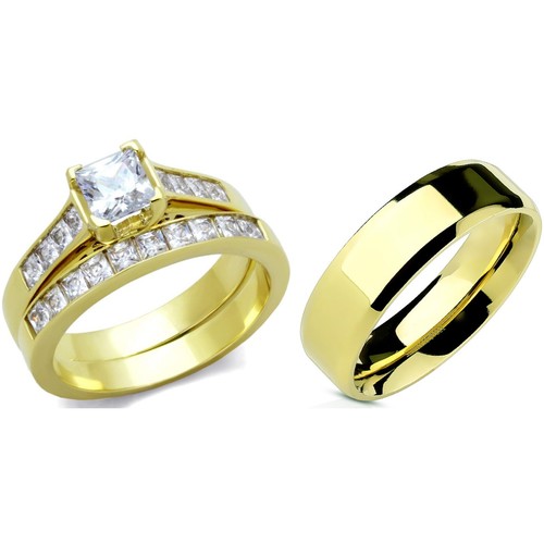 Couples Ring Set 14K Gold Plated 5mm Princess CZ Wedding Ring Mens Gold Plated F - 第 1/9 張圖片