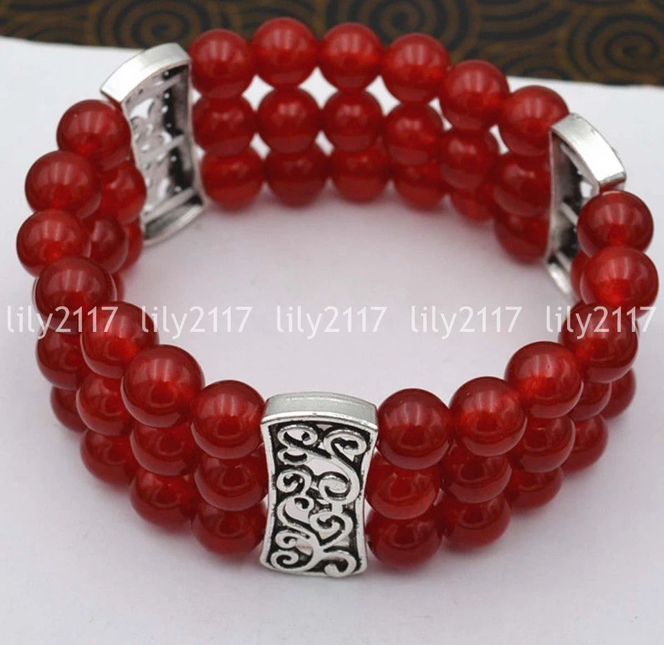 Brazalete Natural 3 Filas 8mm Cuentas de Jade Rojo Elastizado Plata Tibetana Gemas 7.5"" AAA Foto 2 de 4