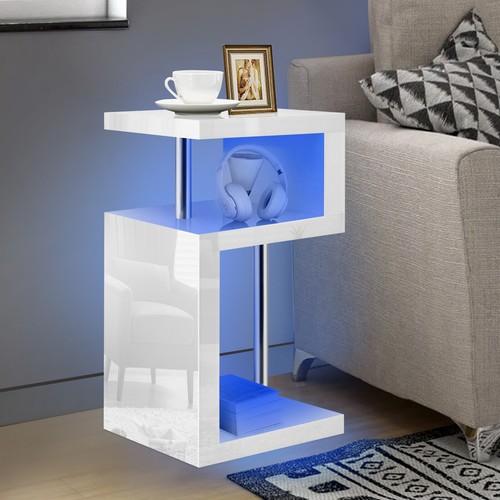 Mesa de centro lateral de alto brillo de 2 niveles mesa de cabecera con luz LED sala de estar - Imagen 2 de 43