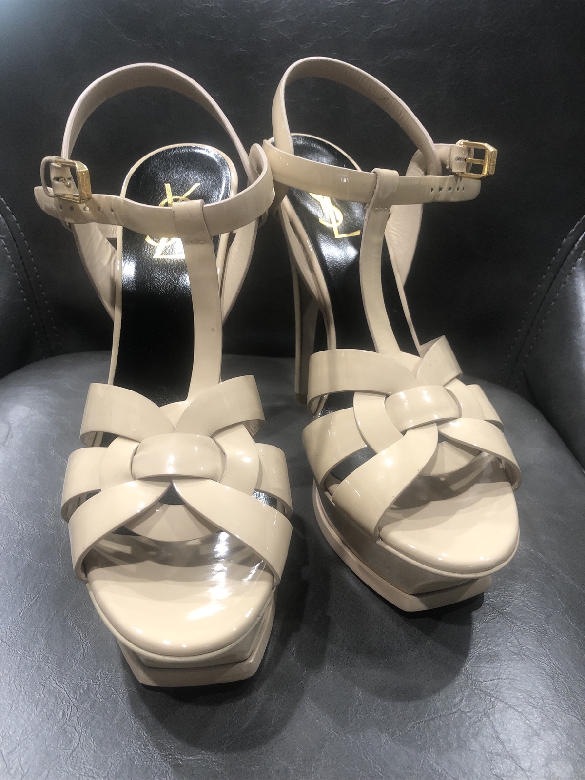 Sandali Saint Laurent donna beige Tribute $925 con cinturino a T taglia 40 US 10