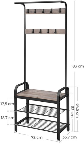 Greige and Black Steel Freestanding Coat Rack Stand with Removable Hooks, Bench - Picture 5 of 7