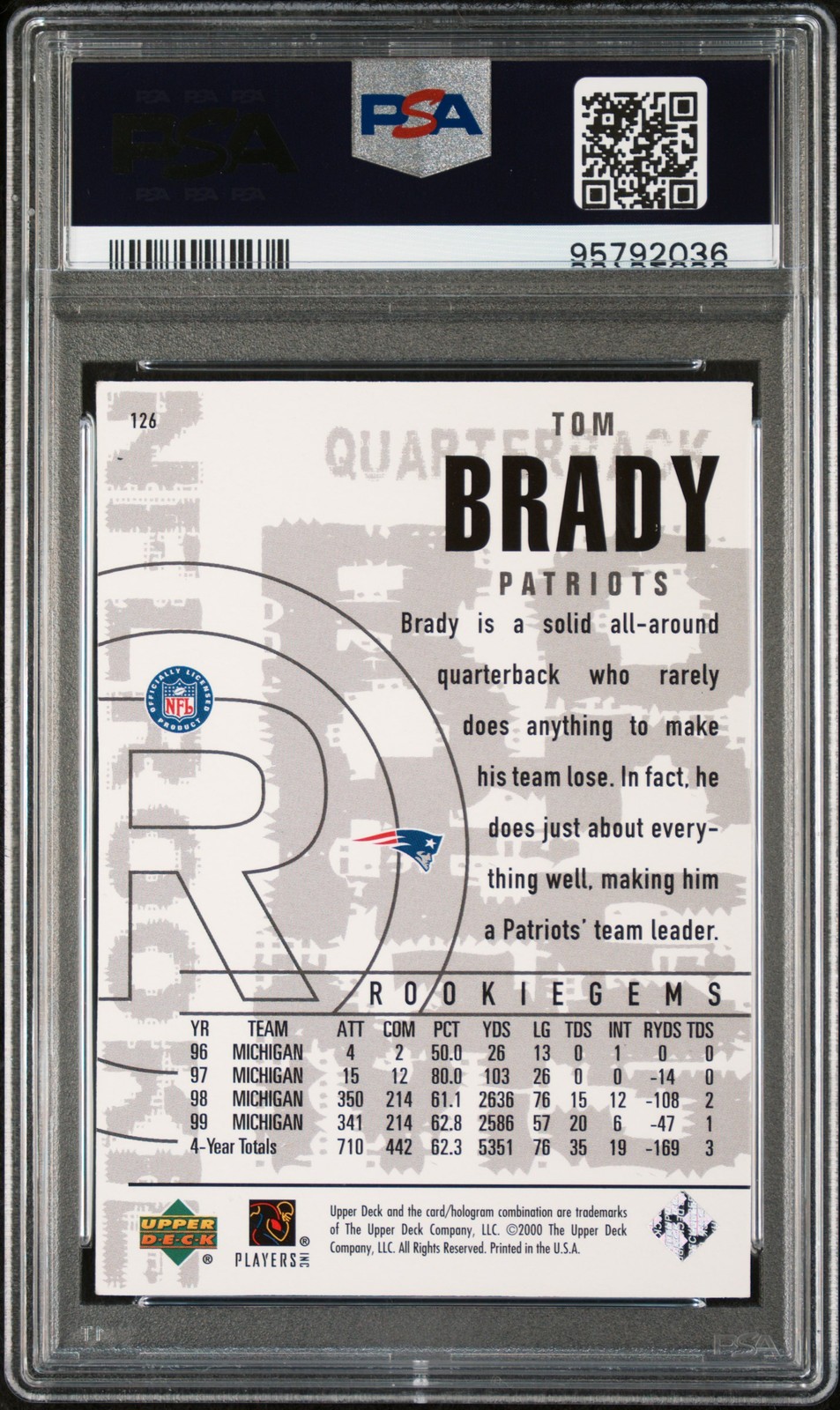 2000 UD BLACK DIAMOND #126 TOM BRADY ROOKIE PSA 8 AUTO 10 "PICK 199 to G.O.A.T." view 2