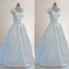 Satin Wedding Dresses Vintage 1970s V Neck White Ivory Lace up Bridal Gowns