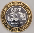 Sierra Sid's Sparks .999 Silver Casino Token for Travel Center $10 Vintage