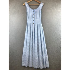 OSTOO Gingham Prairie Maxi Dress Blue White Smocked Waist Button Front Ruffled M