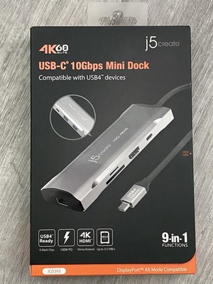 j5create JCD393 4K 60 Elite USB-C 10Gbps USB4 Thunderbolt Mini Dock - New!