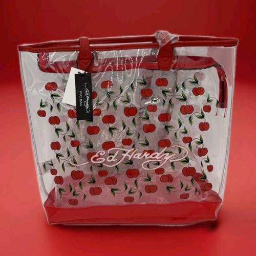 NWT Ed Hardy Red Cherry Zip Top Tote Bag Clear 17X15"Original Packaging.MSRP$159
