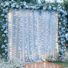 10 10ft Blue Tulle Backdrop Curtain with Lights String for Parties, Sheer Pho...