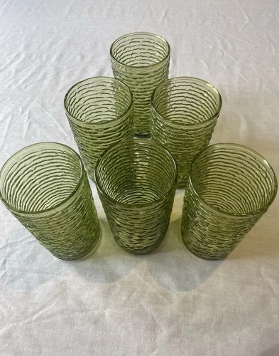 Six Vintage Anchor Hocking Soreno Avocado Glass Tumblers 12 Oz.