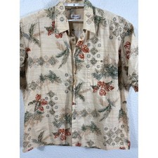 Pierre Cardin Mens XXL Hawaiian Shirt Tan Tropical Palm Leaf Cotton Button Down