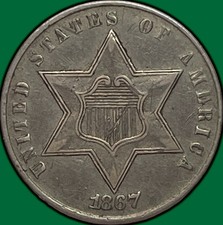 1867 Three Cent Silver Trime Almost Uncirculated Coin