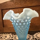 Vintage Fenton Blue Opalescent Hobnail Ruffled Rim Vase 5.5"