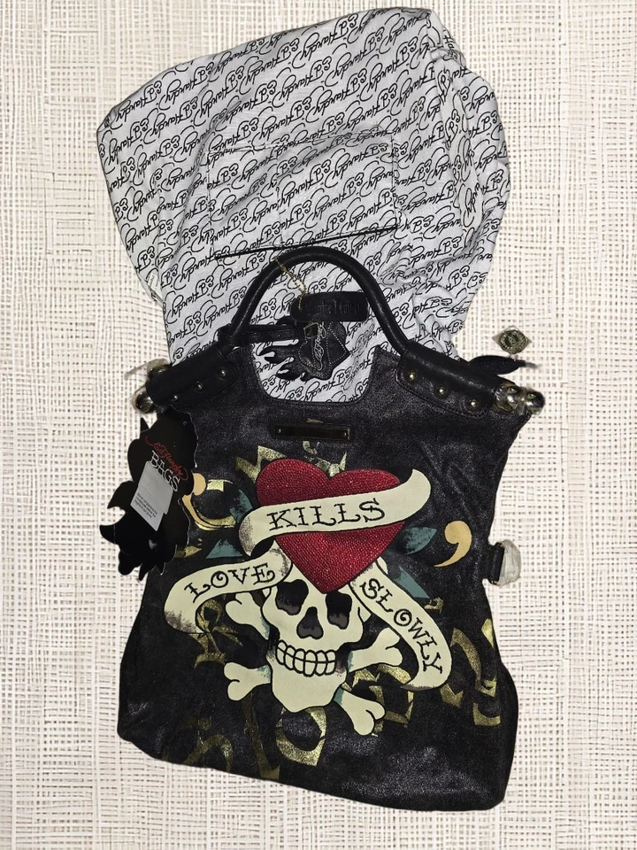 Bolso de Mano Ed Hardy Dorado Bronce Y2K Años 90 Love Kills Lentamente Calavera Tatuaje Tanya Nuevo con Etiquetas Foto 3 de 3