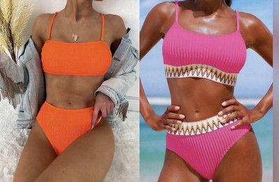 NWOT SHEIN Ribbed Bikini Set Bundle   Hot Pink & Orange High Waist (L)