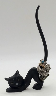 Vintage 1970s Cast Iron Crouching Black Cat Jewelry Ring Holder