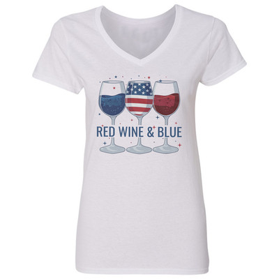 Red Wine and Blue USA Flag 4th of July Ladies' V-Neck Tshirt