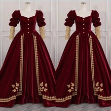 Burgundy Velvet Victorian Ball Gown Puff Sleeve Gold Embroidery Evening Dress