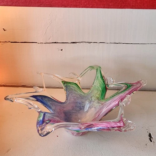 Vintage Art Blown Glass Starfish Bowl Dish Pink Blue Green Rainbow Murano Style
