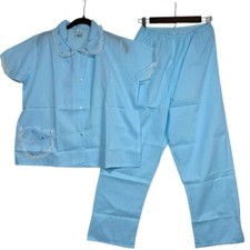 Vintage Katz Pajama Set Blue Floral Embroidered Lace Short Sleeve Pants 38 NOS