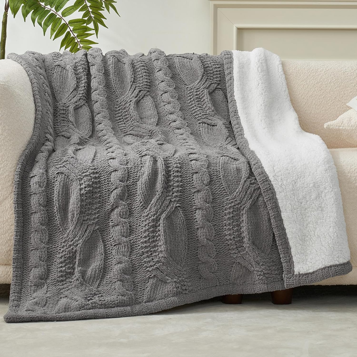 Chenille Sherpa Cable Knit Throw Blanket for Couch, Reversible Soft Cozy Warm Wi