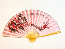 Large 60 35 in Oriental Wall Hanging Folding Fan Red Plum Flower Design Pink