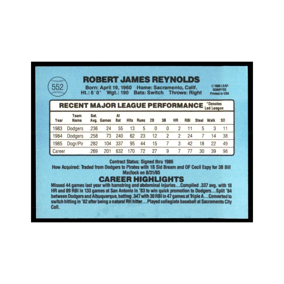 1986 Donruss R.J. Reynolds Pirates #552 - Image 2 of 3