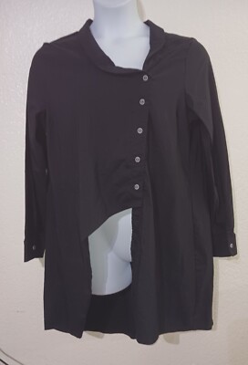 EVER SASSY*Black Polished Cotton Side Button Up Shirt*Size L*high Front*Long Slv