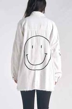 Elan Women's Dolly White Denim Snap Front Embroidered Happy Face Back Shacket S