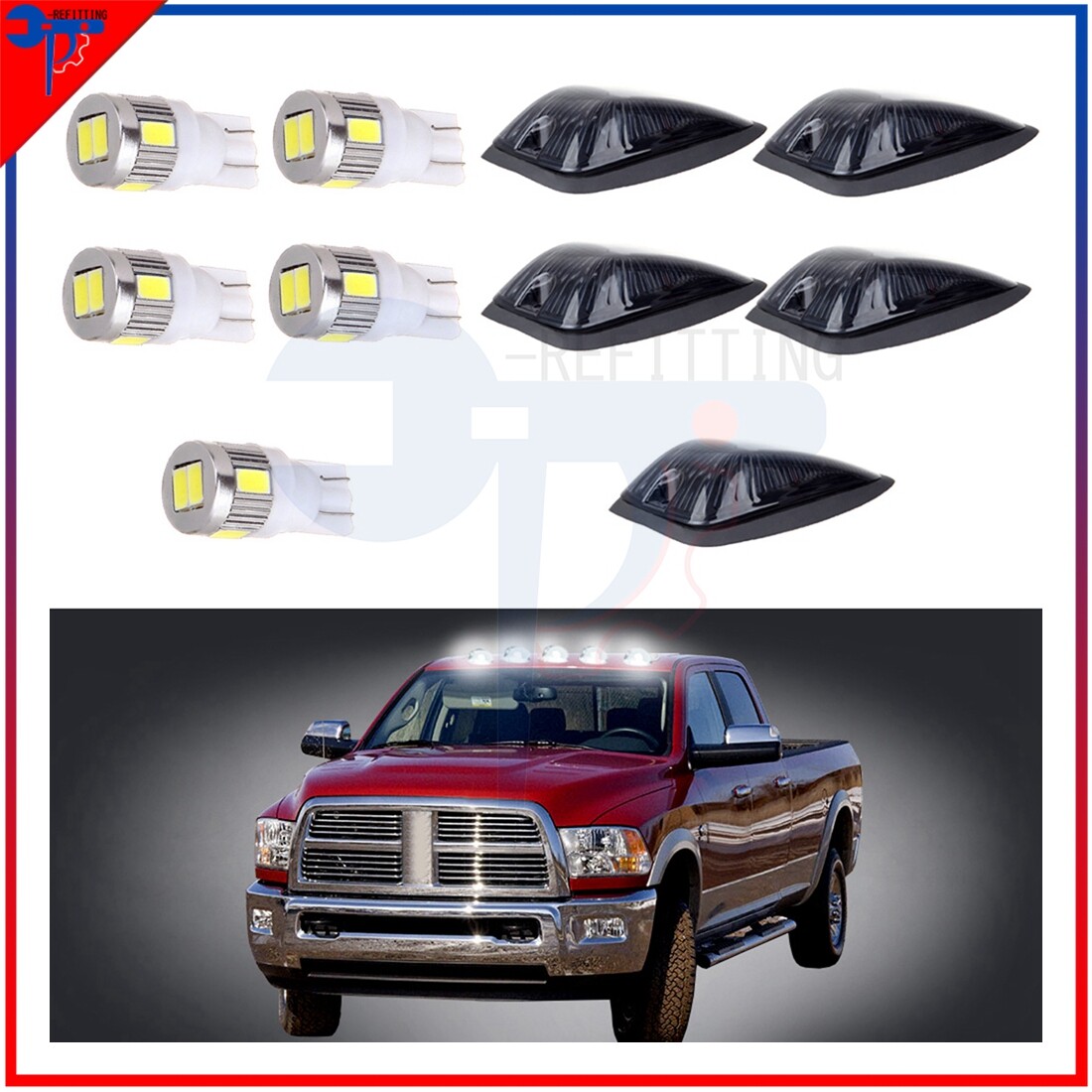 Smoke 5x Cab Marker Clearance Light Covers with White Bulbs for Chevy GMC Trucks