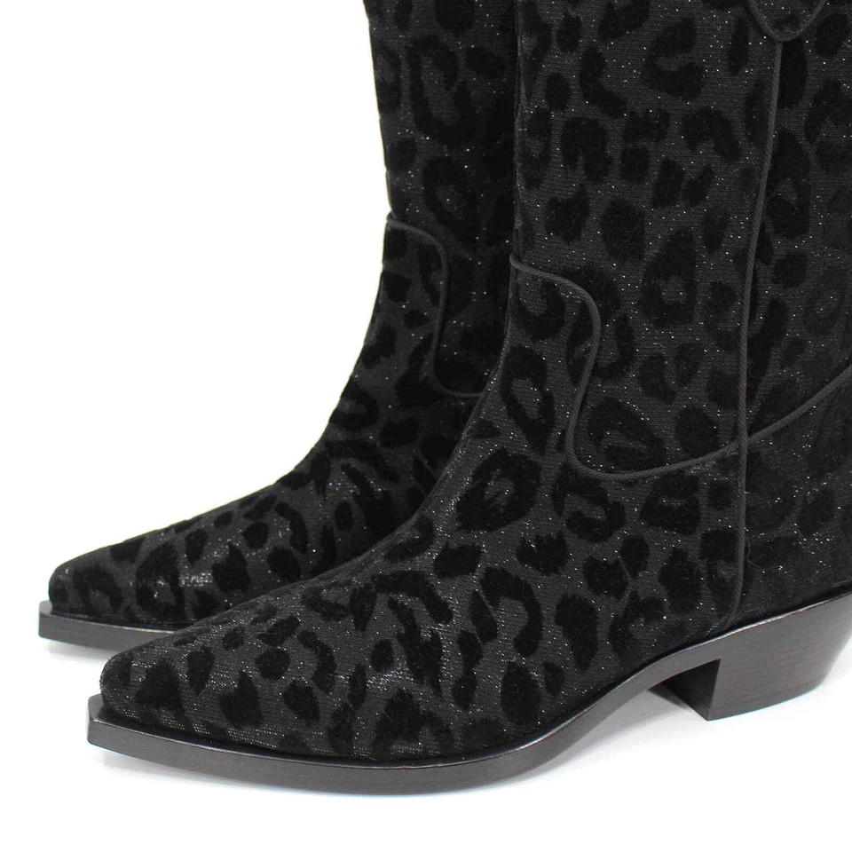 Dolce & Gabbana Negro Leopardo Tacón Metálico Vaquero Botines 38.5 Botín Foto 3 de 4