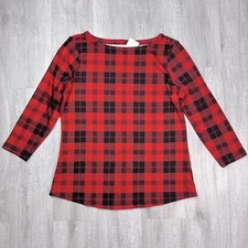 Charter Club Women's Red Holiday Christmas Plaid 100% Pima Cotton Boat Neck Top 