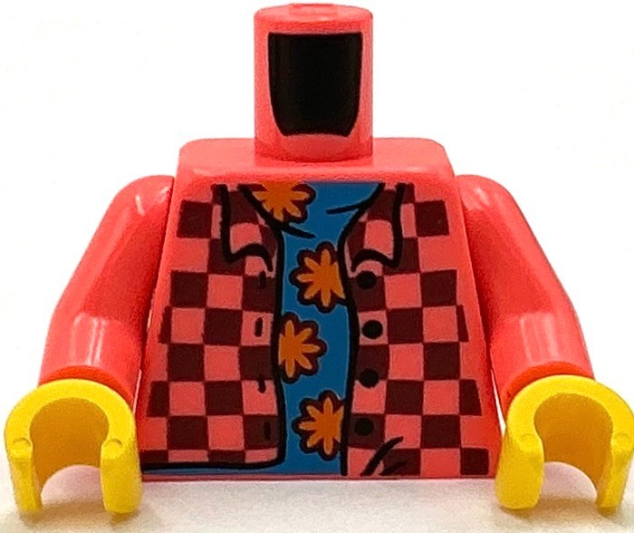 Lego Minifig Coral Torso with Plaid Shirt Open Collar Orange Flower Buttons