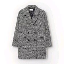 MNG Mango Herringbone Oversized Coat Size S Double Breasted Longline Wool Blend