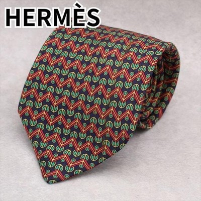 HERM S Tie Small Pattern Allover Zigzag Pattern Made in France Red