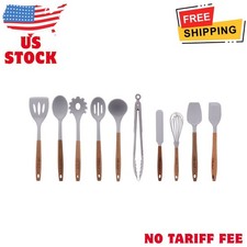 Woman10-Piece Silicone and Acacia Wood Handle Kitchen Cooking Utensils Set, Gray