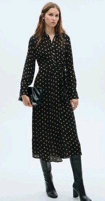 Mango MNG Vestido Tody Polka Dot Wrap Shirt Dress Size 8/Large Black & Beige NWT