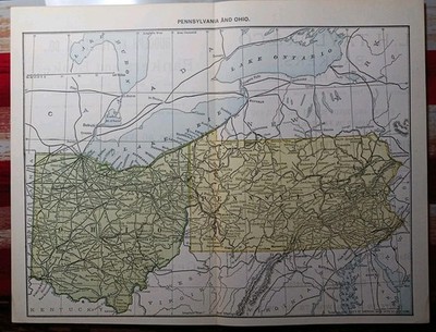 1892 Antique RAILROAD MAP Pennsylvania & Ohio All Train Route Lines 9x11'' Color