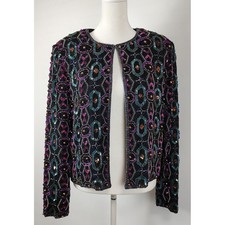 Papell Boutique Evening Silk Beaded Sequin Jacket Black Teal Magenta Size M